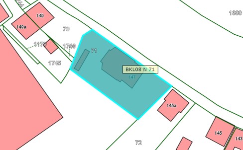 Kadastrale kaart van 2015 met in lichtblauw ingetekend het perceel van de Waaldijk 147 te Brakel