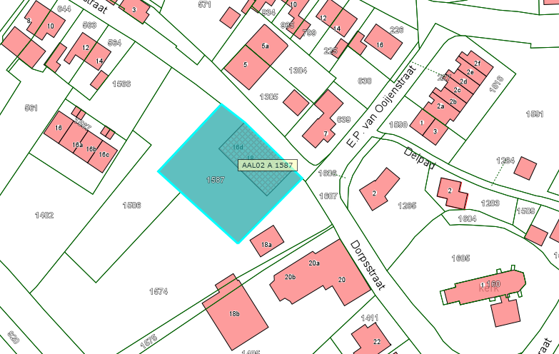 Kadastrale kaart met lichtblauw ingetekend het perceel aan de Dorpsstraat 18-18b te Aalst
