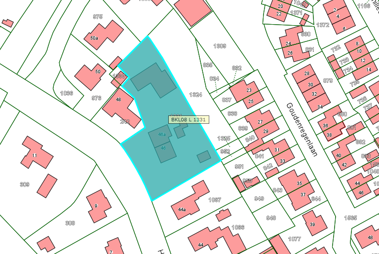 Kadastrale kaart van 2015 met in blauw ingetekend het perceel Hambloksestraat 46 en 46a te Aalst