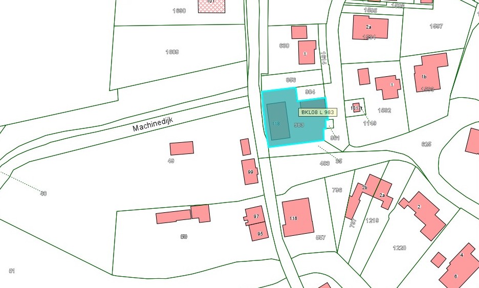 Kadastrale kaart van 2015 met in blauw ingetekend het kadastrale perceel aan de Maasdijk 118 in Aalst