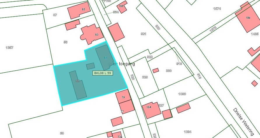 Kadastrale kaart van 2015 met in blauw ingetekend het kadastrale perceel aan de Maasdijk 81 in Aalst