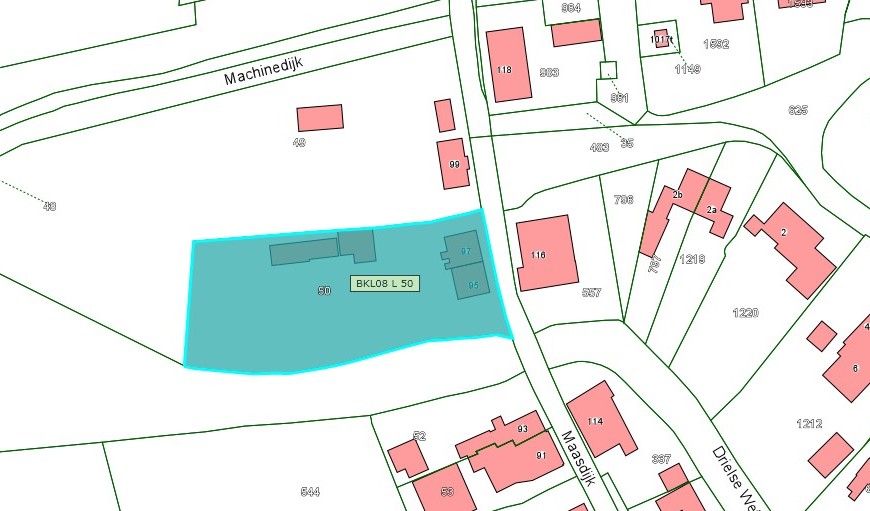 Kadastrale kaart van 2015 met in blauw ingetekend het kadastrale perceel aan de Maasdijk 95-97 in Aalst