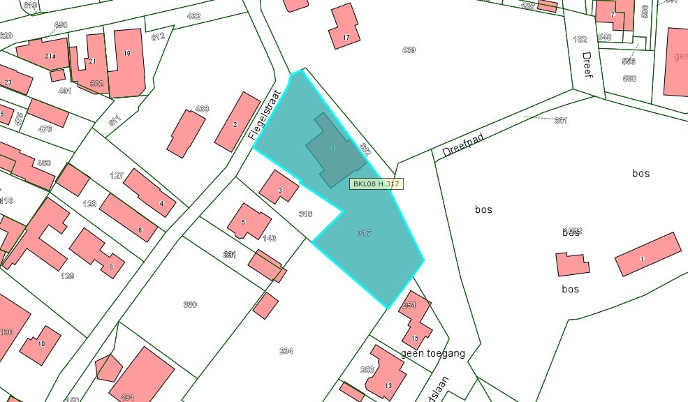 Kadastrale kaart van 2015 met in lichtblauw ingekleurd het perceel van de Flegelstraat 1 in Brakel