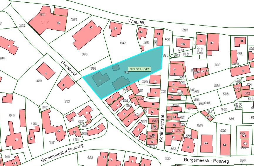 Kadastrale kaart van 2015 met in lichtblauw ingekleurd het perceel aan Gortstraat 1 te Brakel