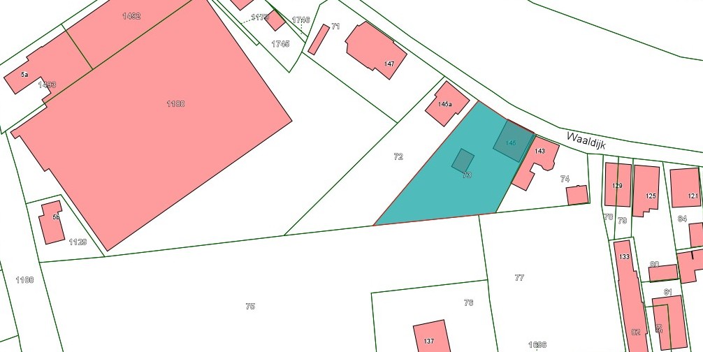 Kadastrale kaart van 2015 met in lichtblauw ingetekend het perceel van de Waaldijk 145 te Brakel