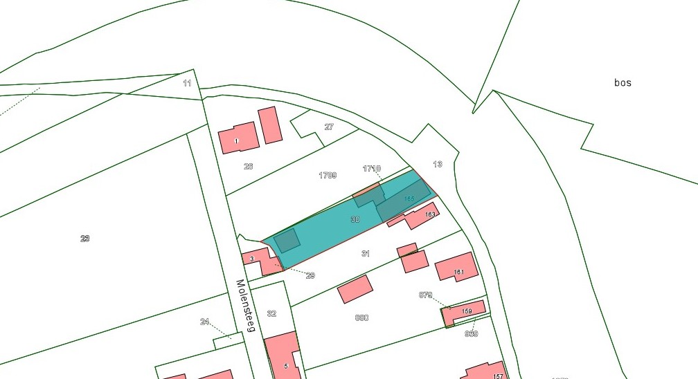 Kadastrale kaart van 2015 met in lichtblauw ingetekend het perceel van de Waaldijk 165 te Brakel