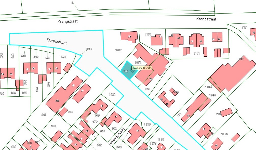 Kadastrale kaart van 2015 met in lichtblauw i ngekleurd het perceel van Dorpsstraat 22 te Bruchem