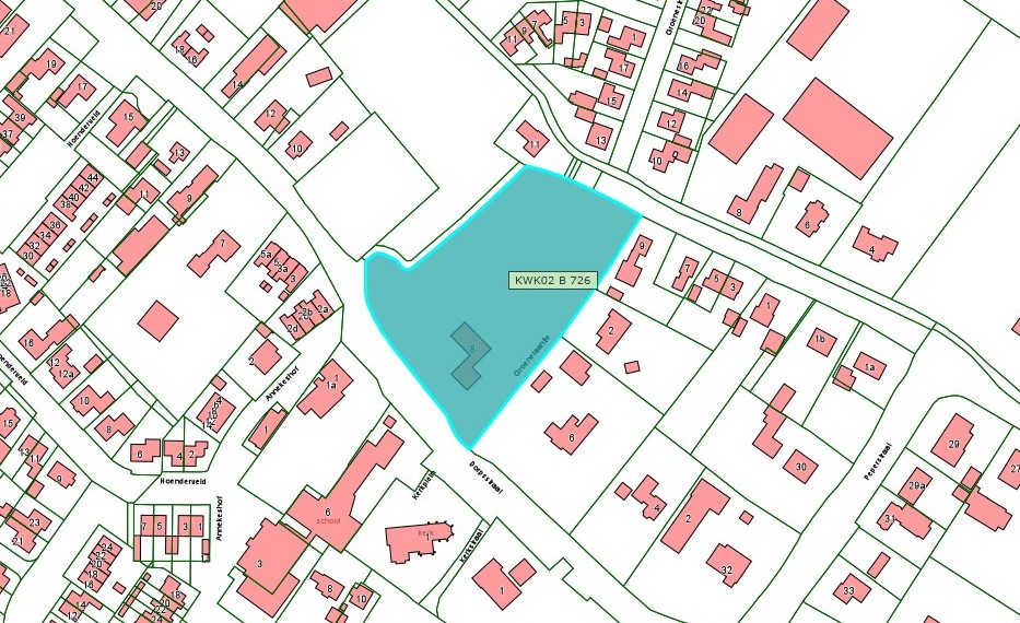 Kadastrale kaart van 2015 met in lichtblauw i ngekleurd het perceel van Dorpsstraat 8 te Bruchem