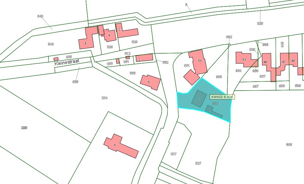 Kadastrale kaart van 2015 met in lichtblauw i ngekleurd het perceel van Molenstraat 1 te Bruchem