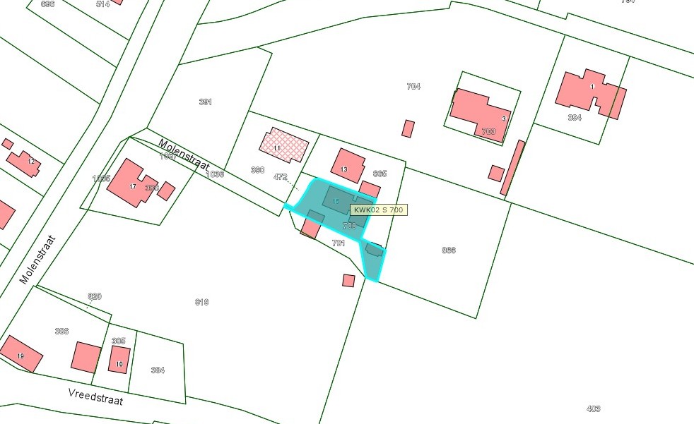 Kadastrale kaart van 2015 met in lichtblauw i ngekleurd het perceel van Molenstraat 15 te Bruchem