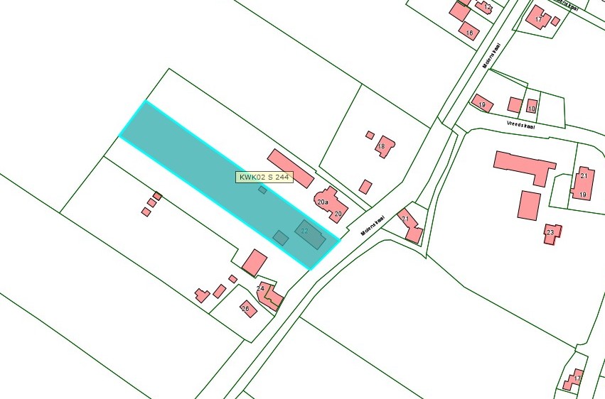 Kadastrale kaart van 2015 met in lichtblauw i ngekleurd het perceel van Molenstraat 22 te Bruchem