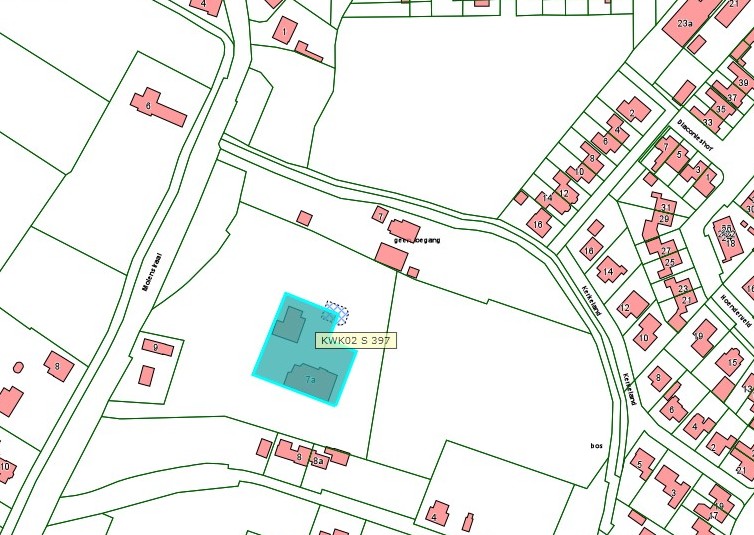 Kadastrale kaart van 2015 met in lichtblauw ingekleurd het perceel van Molenstraat 7a te Bruchem