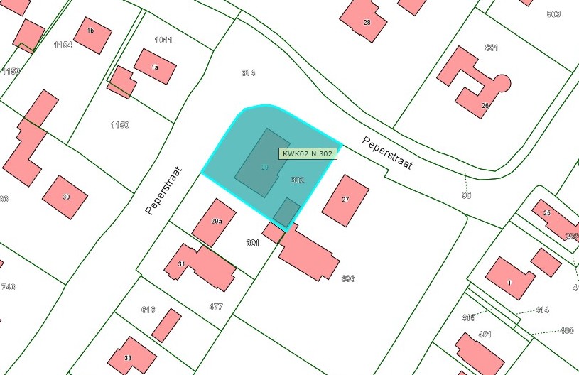 Kadastrale kaart van 2015 met in lichtblauw ingekleurd het perceel van Peperstraat 29 te Bruchem