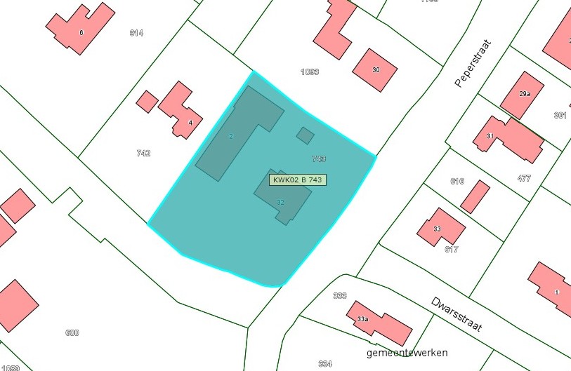 Kadastrale kaart van 2015 met in lichtblauw ingekleurd het perceel van Peperstraat 32 te Bruchem