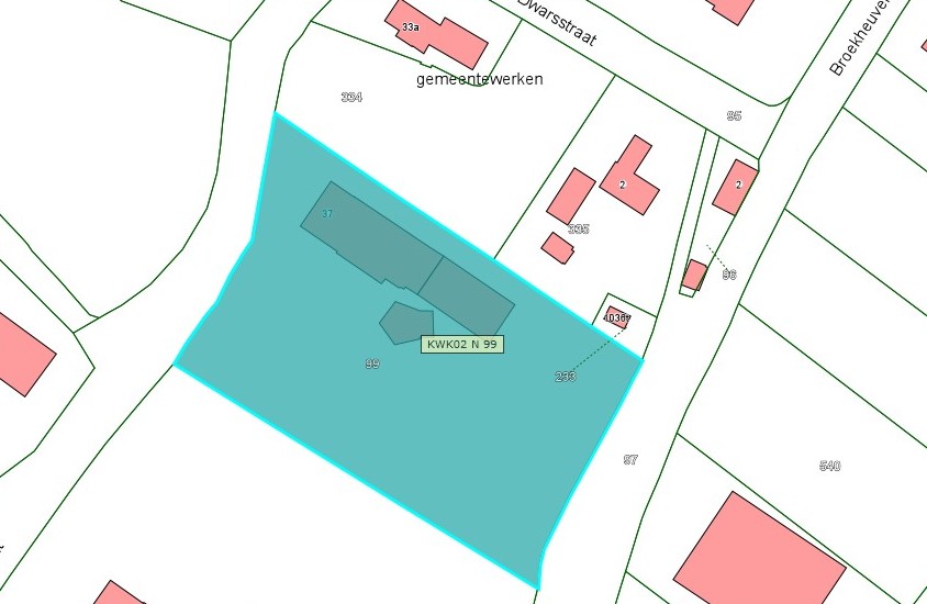 Kadastrale kaart van 2015 met in lichtblauw ingekleurd het perceel van Peperstraat 37 te Bruchem