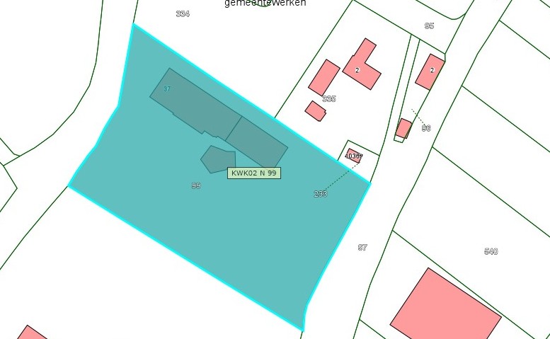 Kadastrale kaart van 2015 met in lichtblauw ingekleurd het perceel van Peperstraat 37 te Bruchem