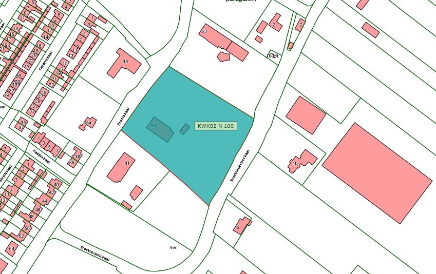 Kadastrale kaart van 2015 met in lichtblauw ingekleurd het perceel van Peperstraat 39 te Bruchem