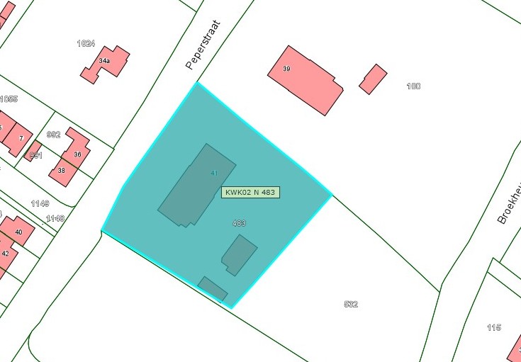 Kadastrale kaart van 2015 met in lichtblauw ingekleurd het perceel van Peperstraat 41 te Bruchem