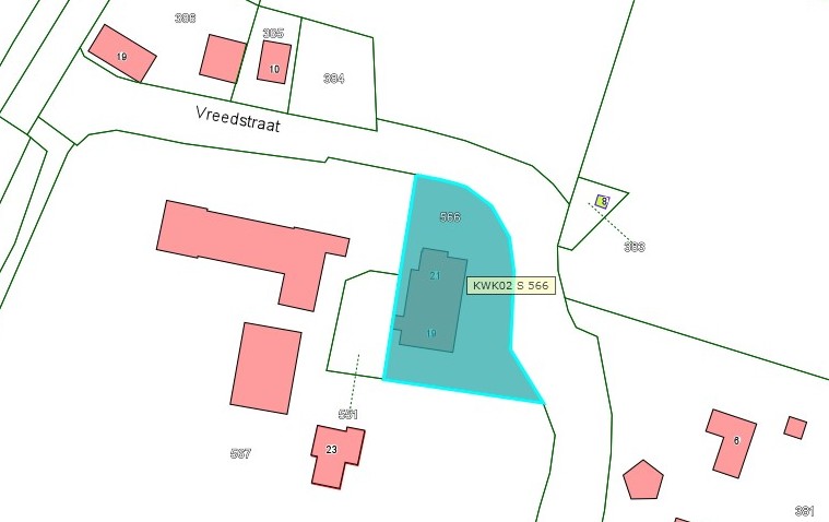 Kadastrale kaart van 2015 met in lichtblauw ingekleurd het perceel van Vreedstraat 19-21 te Bruchem