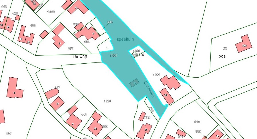 Kadastrale kaart van 2015 met in lichtblauw ingekleurd het perceel van de dorpspomp in de Delwijnsestraat in Delwijnen