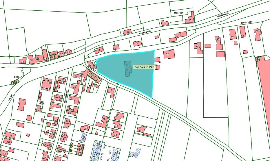 Kadastrale kaart van 2015 met in lichtblauw ingekleurd het perceel van Beemstraat 24-26 in Gameren