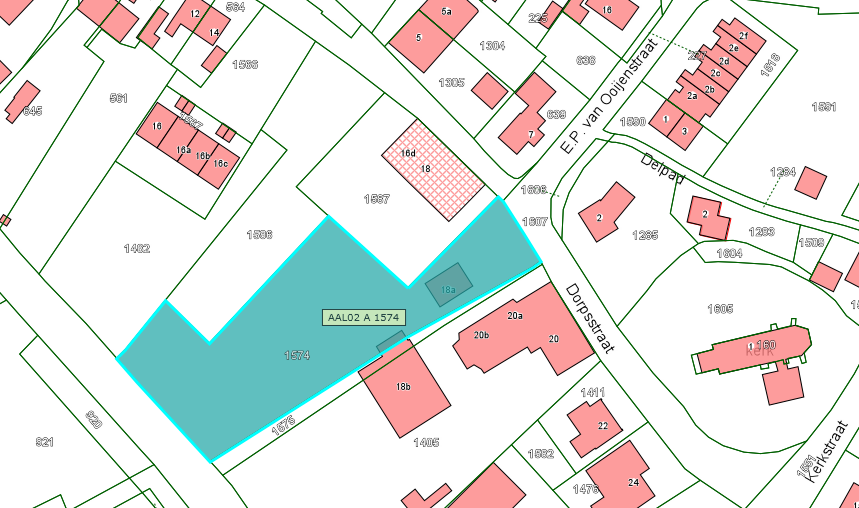 Kadastrale kaart van 2015 met blauw ingekleurd het perceel aan de Dorpsstraat 18a te Aalst