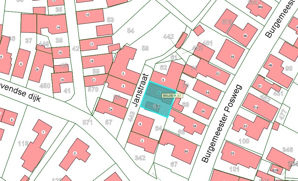 Kadastrale kaart van 2015 met in lichtblauw ingekleurd het perceel aan Janstraat 6 te Brakel