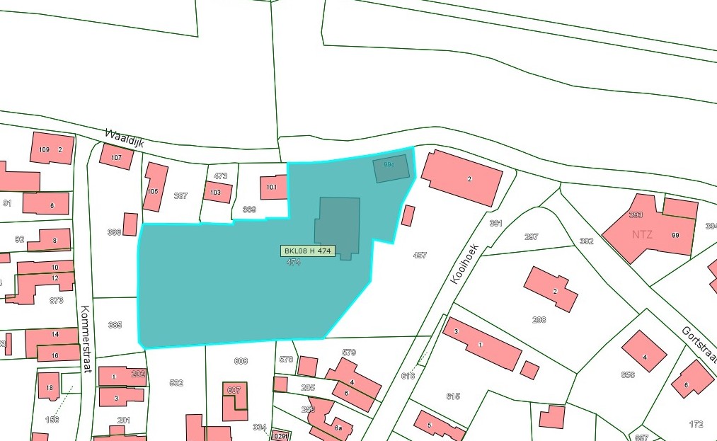 Kadastrale kaart van 2015 met in lichtblauw ingekleurd het kadastrale perceel aan de Kooihoek 2 in Brakel