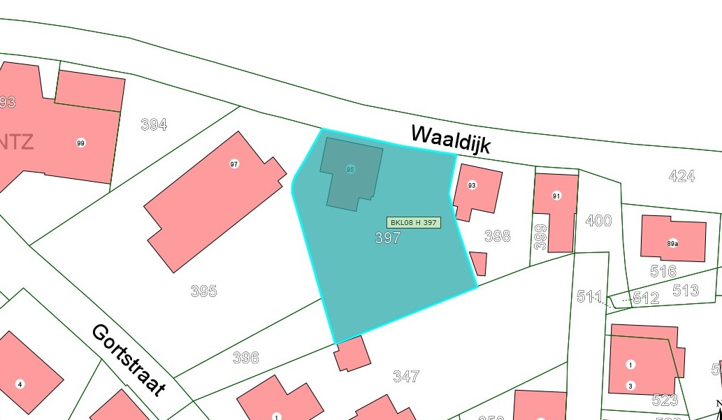 Kadastrale kaart van 2015 met in lichtblauw ingekleurd het perceel aan Waaldijk 95 te Brakel