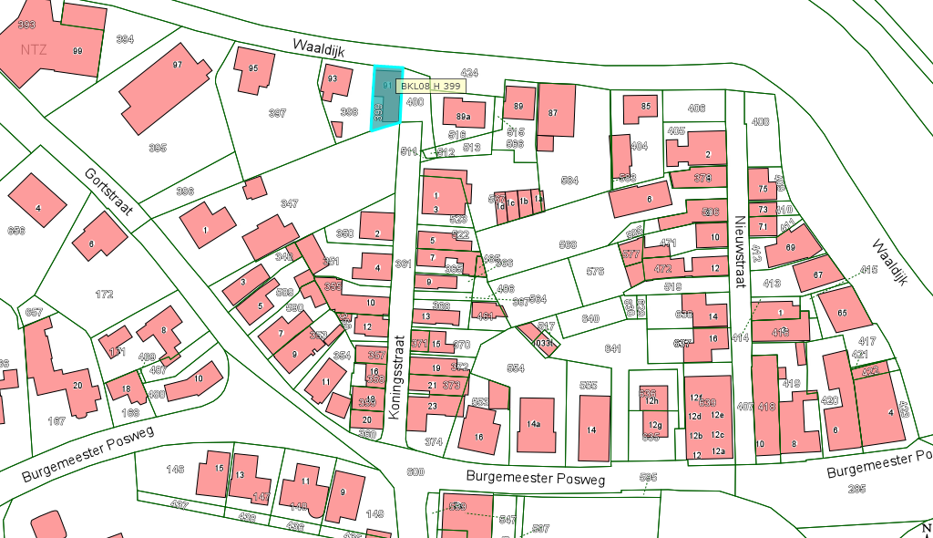 Kadastrale kaart van 2015 met in lichtblauw ingetekend het perceel van de Waaldijk 91 te Brakel