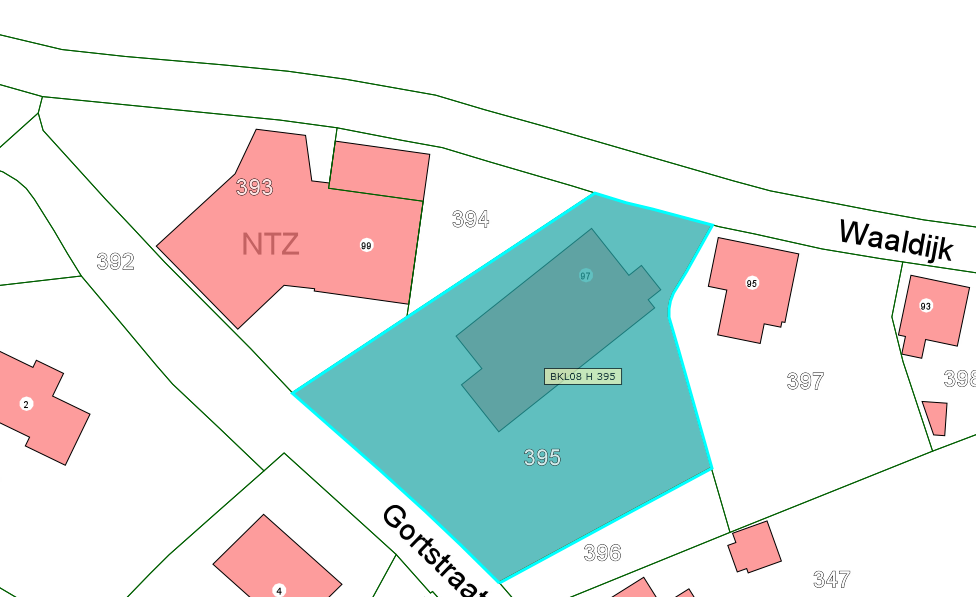 Kadastrale kaart van 2015 met in lichtblauw ingetekend het perceel van de Waaldijk 97 te Brakel