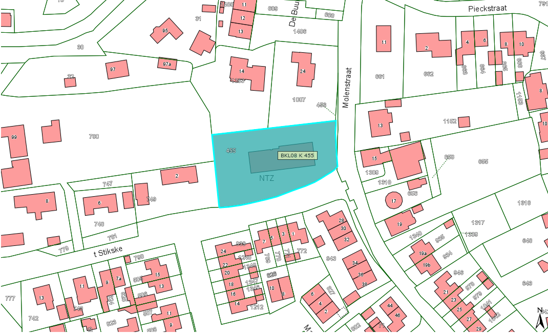 Kadastrale kaart van Molenstraat 26, sectie K, nr. 455