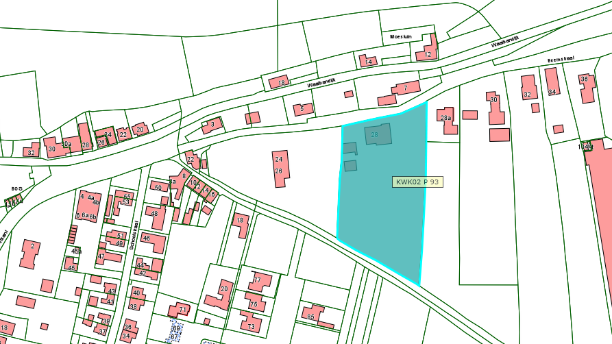 Kadastrale kaart van 2015 met in lichtblauw ingekleurd het perceel van Beemstraat 28 in Gameren