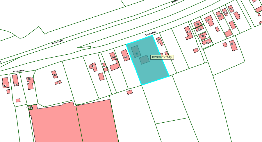 Kadastrale kaart van 2015 met in lichtblauw ingekleurd het perceel van Beemstraat 48in Gameren