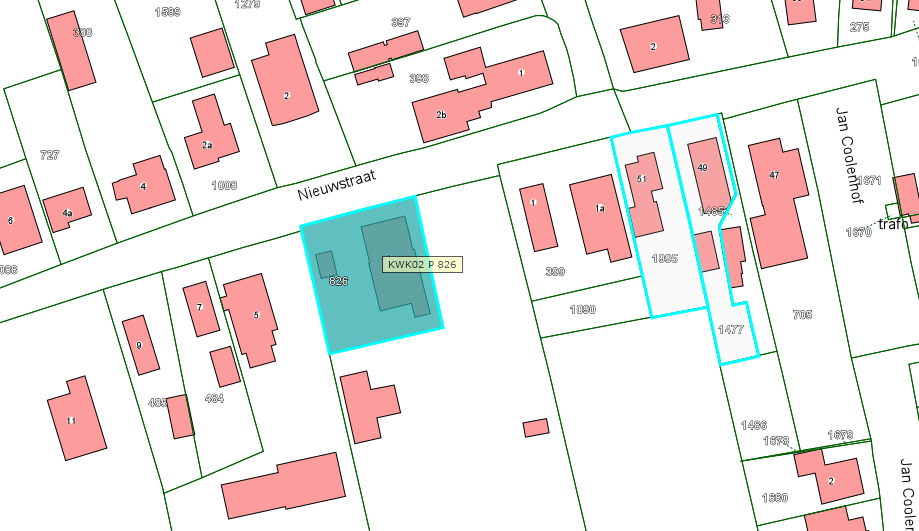Kadastrale kaart van 2015 met in lichtblauw ingekleurd het perceel van Nieuwstraat 3 in Gameren