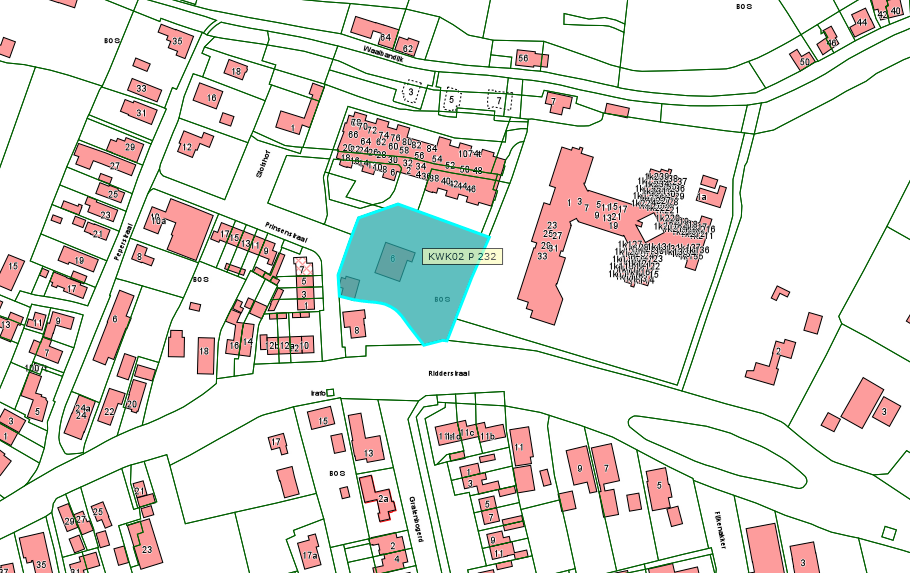 Kadastrale kaart van 2015 met in lichtblauw ingekleurd het perceel van Ridderstraat 6 in Gameren