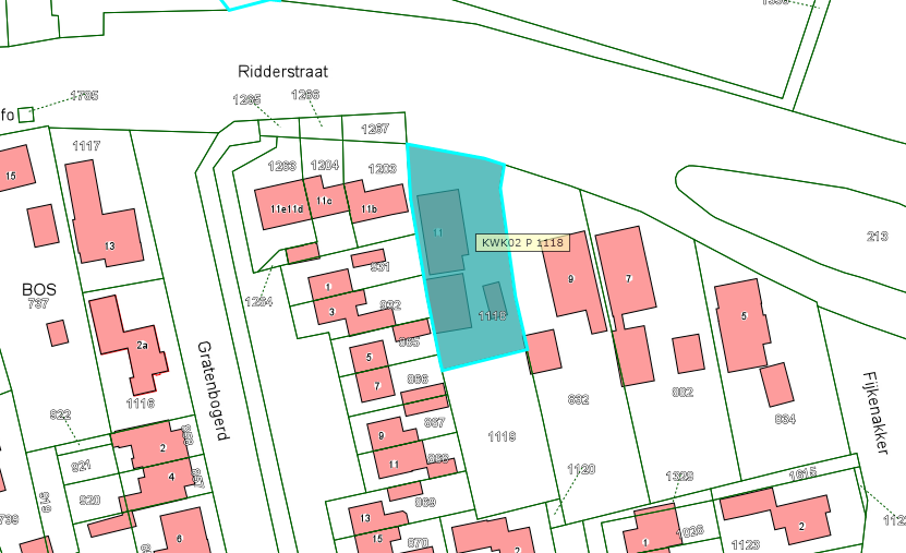 Kadastrale kaart van 2015 met in lichtblauw ingekleurd het perceel van Ridderstraat 11 in Gameren