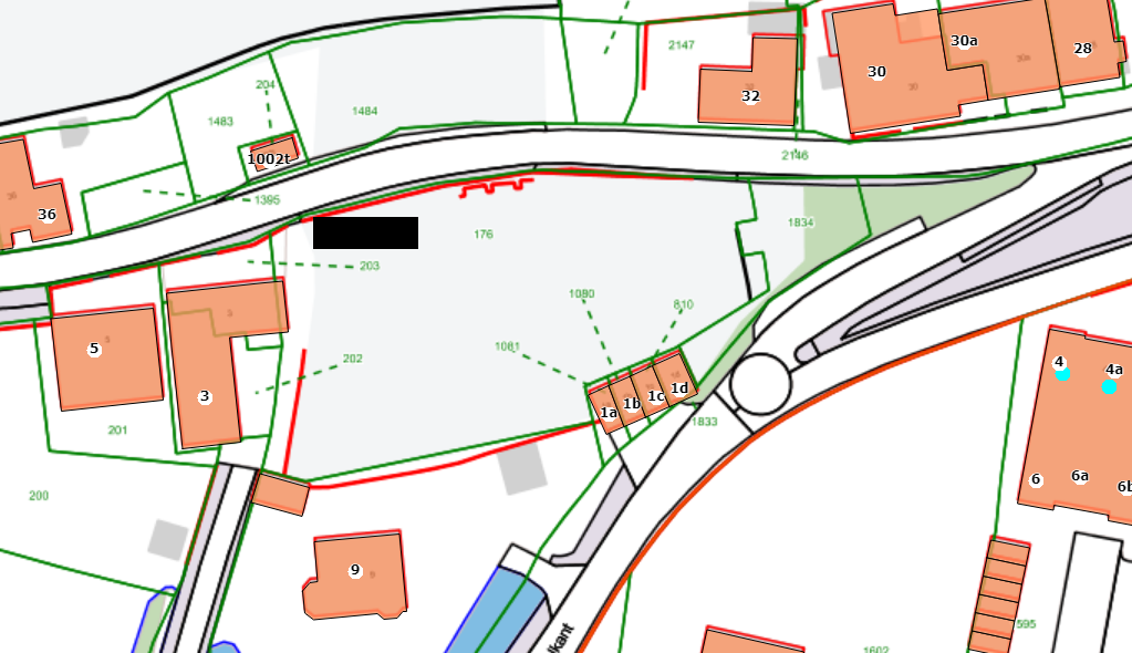 Kadastrale kaart meteen zwart vakje ingetekend waar het trapje en keermuur staan, bij de Waalbandijk 3 in Gameren