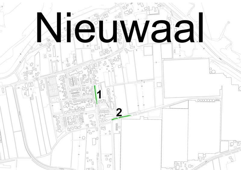 Plattegrond van Nieuwaal met de hondenuitlaatplaatsen. In de tabel onder de afbeelding staat om welke locaties het gaat. 