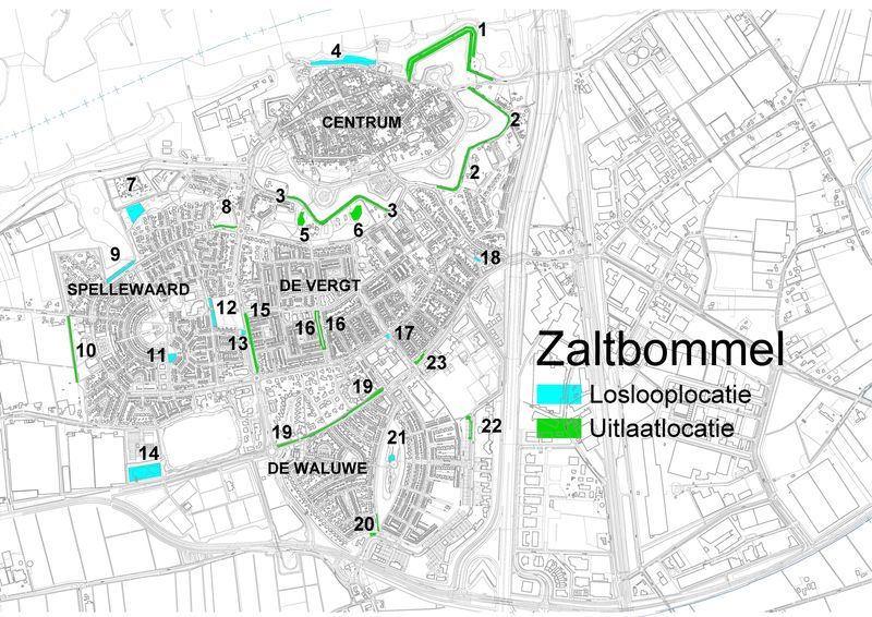 Plattegrond van Zaltbommel met de hondenuitlaatplaatsen. In de tabel onder de afbeelding staat om welke locaties het gaat. 