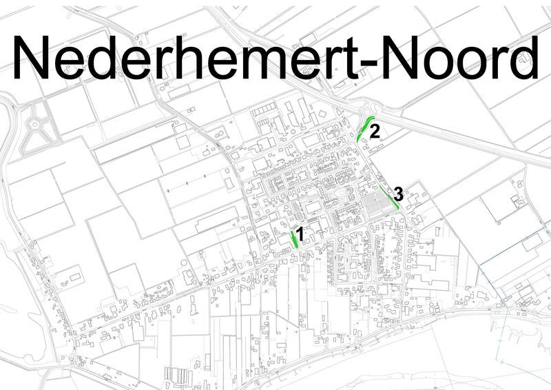 Plattegrond van Nederhemert-Noord met de hondenuitlaatplaatsen. In de tabel onder de afbeelding staat om welke locaties het gaat. 
