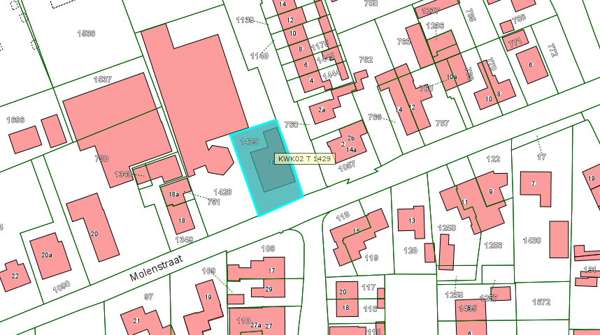 Kadastrale kaart van 2015 van perceel Molenstraat 16 in Nederhemert