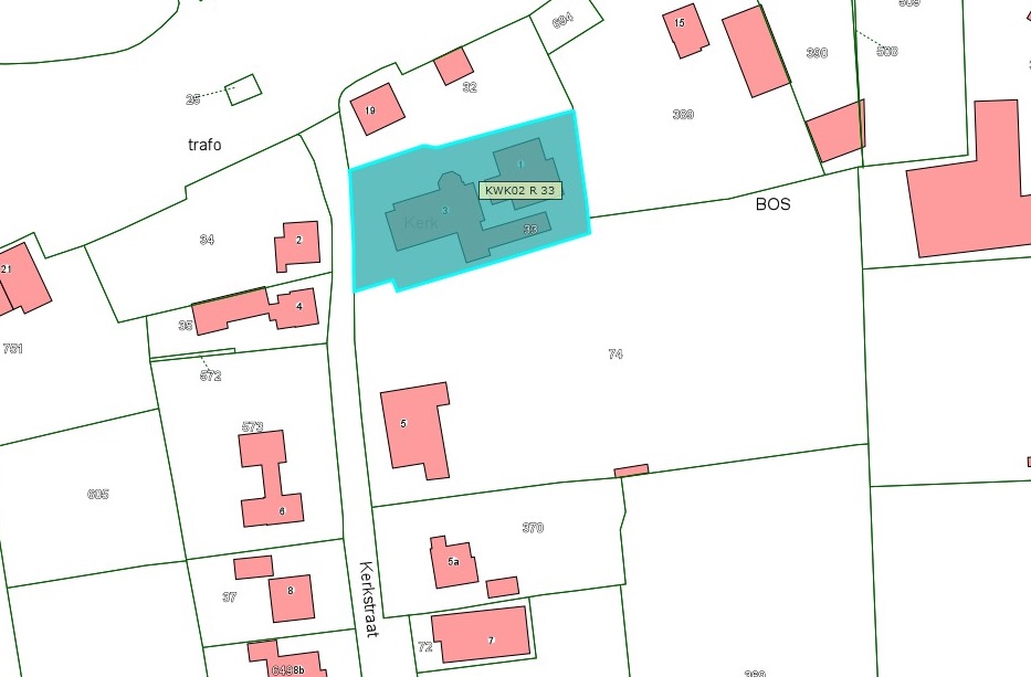 Kadastrale kaart van 2015 van perceel Kerkstraat 1 in Nieuwaal