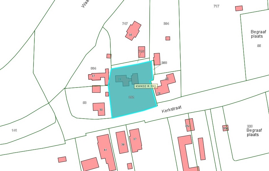 Kadastrale kaart van 2015 van perceel Kerkstraat 28 in Nieuwaal