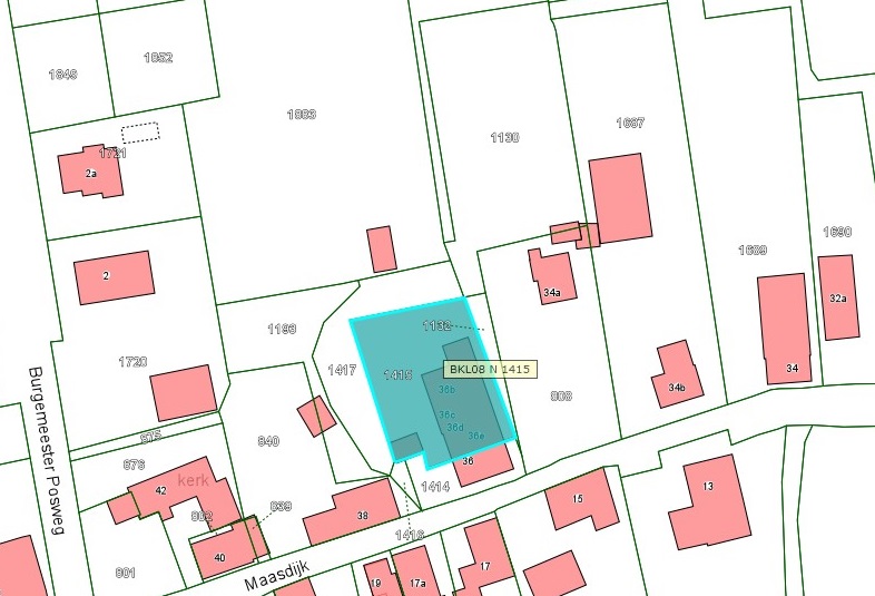 Kadastrale kaart van 2015 van perceel Maasdijk 36a t/m e in Poederoijen