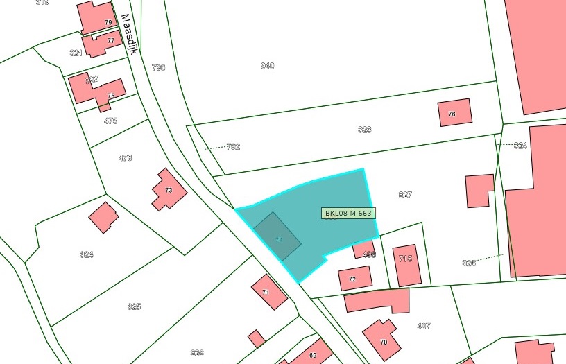 Kadastrale kaart van 2015 van perceel Maasdijk 74 in Poederoijen