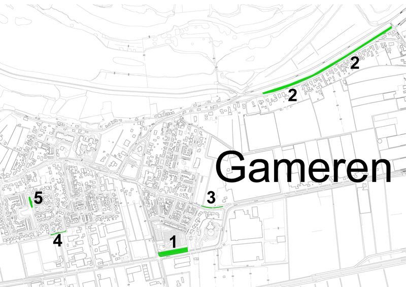 Plattegrond van Gameren met de hondenuitlaatplaatsen. In de tabel onder de afbeelding staat om welke locaties het gaat. 