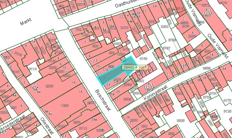 Kadastrale kaart van 2015 van ingetekende perceel aan  Boschstraat 19-21 te Zaltbommel