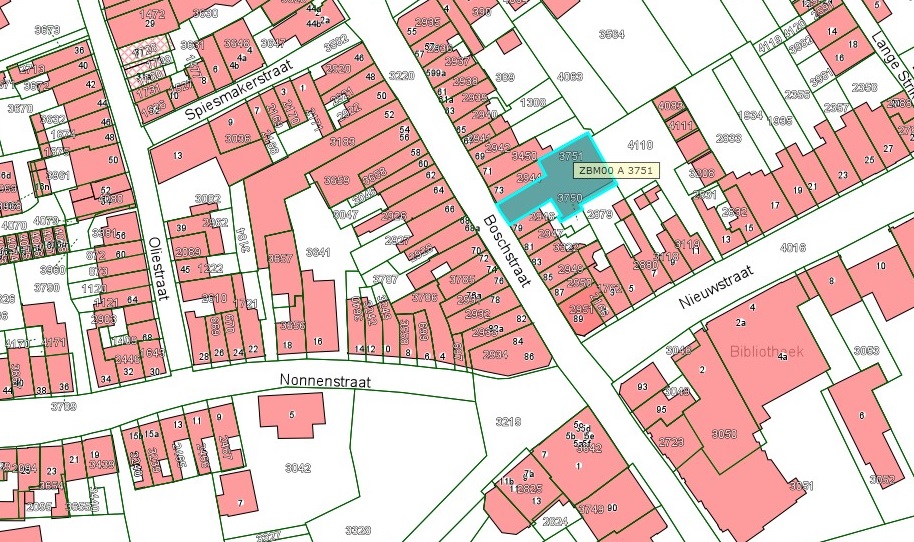 Kadastrale kaart van 2015 van ingetekende perceel aan Boschstraat 75-77 in Zaltbommel