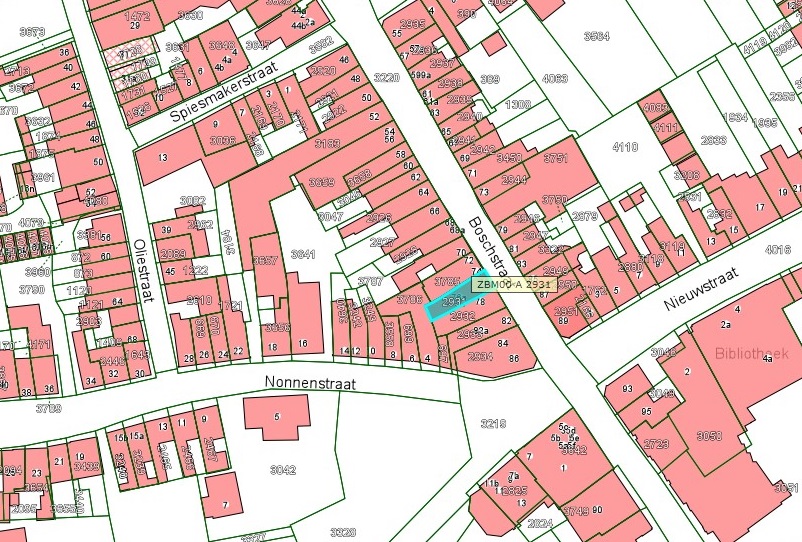 Kadastrale kaart van 2015 van ingetekende perceel aan  Boschstraat 76-76a in Zaltbommel